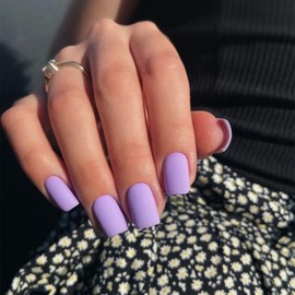 Matte Lilac Press on Nails Short Square, Short Fake Nails Glue on Short Square Nails Press ons, Soft Gel Glue on Nails Short Stick on Nails for Women Thick Solid Color Acrylic Nails 24pcs