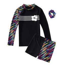 Girls Long Sleeve Swimsuits Rash Guard Sun Protection UPF 50+ Swimwear 2 Piece Swim Set Girls Swimming Costume 4-14 Years Black
