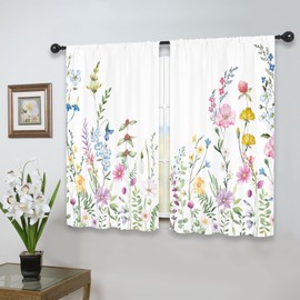 Riyidecor Spring Floral Kitchen Curtains Wildflower Rod Pocket Colorful Flower Leaves Watercolor Plant Botanical Women Girls Blossom Nature Bedroom Living Room Treatment Fabric 2 Panels 27.5Wx39H Inch