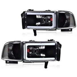 LQI LED Light Strip Headlights w/o Bulbs Compatible with Dodge Ram 1500 1994 1995 1996 1997 1998 1999 2000 2001/Dodge Ram 2500 3500 1994-2002 Clear Lens Black Housing Clear Reflector