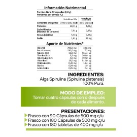 Alga Spirulina 100% Pura - Pronat - 180 Cápsulas de 500 mg