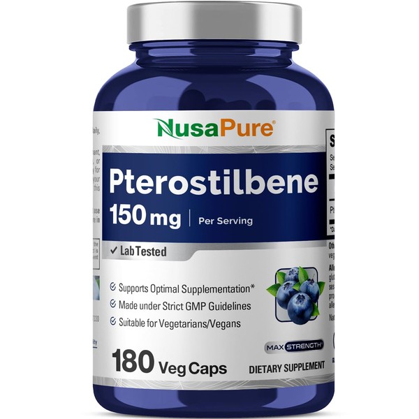 NusaPure Pterostilbene 150mg 180 Veggie Caps (Non-GMO, Gluten Free)
