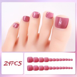 24Pcs French False Toenails, Short Square Rose Pink Press on Toe Nails, Solid Color Cute Summer Fake Toe Nails, 12 Sizes Artificial Beach Full Cover Acrylic Stick on Toenails for Women and Girls