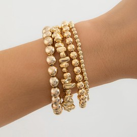 fxmimior 4Pcs Fashion Boho Beads Stackable Bracelets Dainty Simple Silver Gold Chain Bracelets Set for Women Adjustable Chunky Flat Cable Chain Beads Punk Bracelets for Women (Gold)