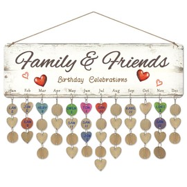 arricraft 1 Pc Wooden Family and Friends Birthday Reminder Calendar Plaque, Red Hearts Celebrations Calendar Wall Hanging with 100 Tags Christmas Gifts for Father Mother 4.7x15.7inch(12x40cm)