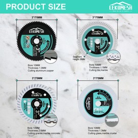 LEKOMESH 3" Circular Saw Blades - 4pcs 3/8" (10 mm) Arbor Glass/Concrete/HSS/X Mesh for Cutting Porcelain Ceramic Tile,Soft Metal,Rebar,Steel Plate,Glass, Angle Grinder Cutting Disc