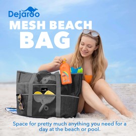 Dejaroo - Sand Free Mesh Bag - Strong Lightweight Tote For Beach & Vacation Essentials. Tons of Storage with 8 Pockets, Foldable, 17x9x15 inches, Black with Grey Straps