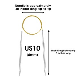 Knitting Needles Circular 40inch (100cm) Stainless Steel Round Knitting Needles Size US 10 (6mm) with 1 Sturdy Stitch Holder