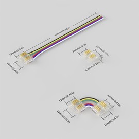 12 mm 6-Pin RGB+CCT COB LED Connector Kit - 5 x To-Strip, 4 x L-Shaped Corner, 4 x 10 cm to Wire Extension, Compatible with FCOB 6-Pin RGB+CCT LED Strips