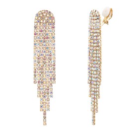 BriLove Wedding Bridal Clip-on Earrings Rhinestone Dangling for Women Fashion Long Chandelier Dangling Sparkle Crystal Tassel Dangle Drop Earring Iredescent AB Gold-Tone