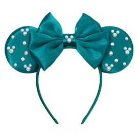 zhezesmila Satin Mouse Ears Headband for Women & Girls with Double-layer Bows Shiny Pearl Rhinestone Ears Hairband for Party & Vacation