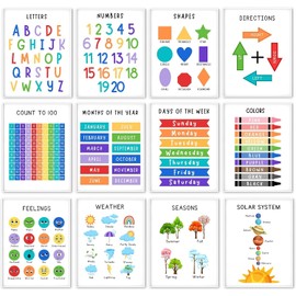WINDVALE Alphabet Poster & Number Chart (12-Pack) - Educational Posters for Kids with Shapes, Colors | Toddler Learning Charts, Preschool & Kindergarten Classroom Decor, Homeschool Supplies