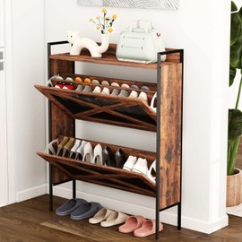 Rovibek Shoe Cabinet Storage for Entryway - Wood Narrow Shoe Storage Cabinet with 2 Flip Drawers & Mesh Doors, Adjustable Shelves, Slim Shoe Cabinet for Entryway, Hallway, Rustic Brown