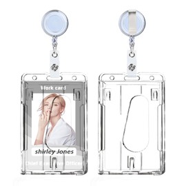 Clear ID Card Holder with Retractable Translucent Reel Clip, Transparent Thumb Slot PC Hard Plastic Card Protector for Nurse Office School Hospitl Credit Card Proximity Key (White, Vertical)