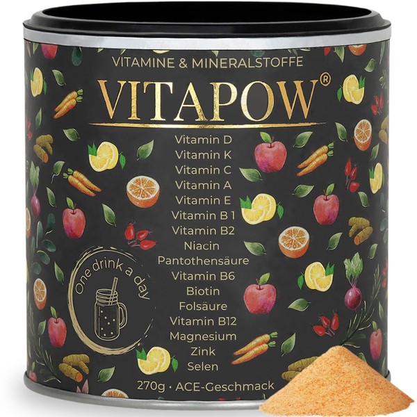 Vitapow Multivitamin Powder with Minerals - All Vitamins A-Z High Dose - Valuable Micronutrients - Vegan Vitamin Complex with Bioactive Forms - Strengthen Immune System - ACE Flavour