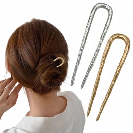 enophe enophe 2PCS Metal U Shape French Hair Pins for Women,Cute Wavy Twist Hair Forks for Long Hair,Medium Silver Gold Hairpins,Vintage 2 Long Prong Hair Sticks for Bun,French Hair Accessories for Women