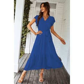 PRETTYGARDEN Women's Summer Floral Boho Dress Wrap V Neck Short Sleeve Ruffle A-Line Flowy Maxi Wedding Guest Dresses (Solid Dark Blue,X-Large)