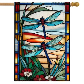 Spring Summer House Flag 28x40 Inch Double Sided, Dragonfly Stained Glass Garden Flag Large Burlap Yard Flags for Outside Outdoor Seasonal Decoration