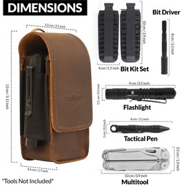 Leather EDC Multitool Sheath with Flip Closure | Leather EDC Belt Organizer | Flashlight Holster | Heavy Duty Multitool Organizer (514 Brown)