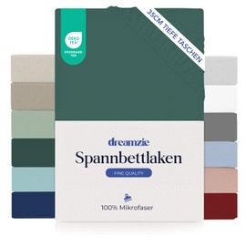 Dreamzie Fitted Sheet, 160 x 200 cm, 35 cm Deep Pocket, 100% Microfibre Bed Sheet, Petrol Green, Tested for Harmful Substances (Oeko Tex), Bed Sheet with Elastic Band