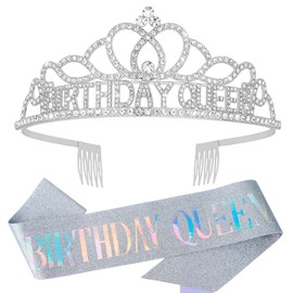 TIOSRU Birthday Sash and Crowns for Women,"BIRTHDAY QUEEN" Sash and Rhinestones Tiara Silver Birthday Crown Adult Women Birthday Party Decorations Gifts