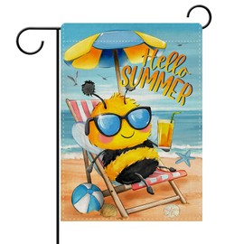 Dyrenson Hello Summer Bumble Bee Beach Chair Decorative Garden Flag, Coastal Honeybee Sunshade Yard Outside Home Decoration, Seasonal Nautical Burlap Outdoor Small Decor Double Sided 12 x 18