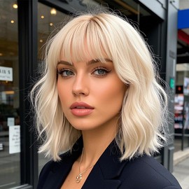 Amarlis Ombre Blonde Curly Bob Wig with Bangs for Women Loose Wavy Blonde Wig Heat Resistant Synthetic Wig for Daily Party Use