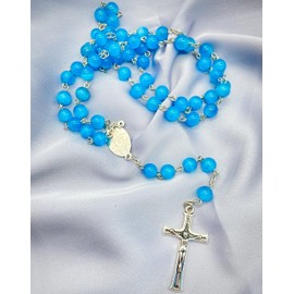 Nazareth Store Turquoise Rosary Beaded Necklace Selenite Calcite 8mm Beads Catholic Chaplet Prayer Miraculous Medal 21"