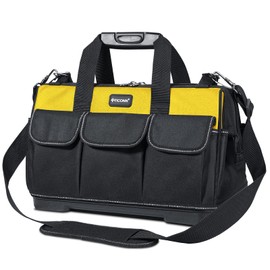 TICONN Tool Bag with Multi-Pockets Wide Mouth Tool Tote with Safety Reflective Straps, Adjustable Shoulder Strap and Ergonomic Handle (Yellow, 16" Molded Base)