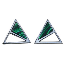 NicoWerk SOS516 Women's Silver Stud Earrings Triangle 925 Sterling Silver Shiny Openwork with Green Stone Unusual Geometric, Sterling Silver