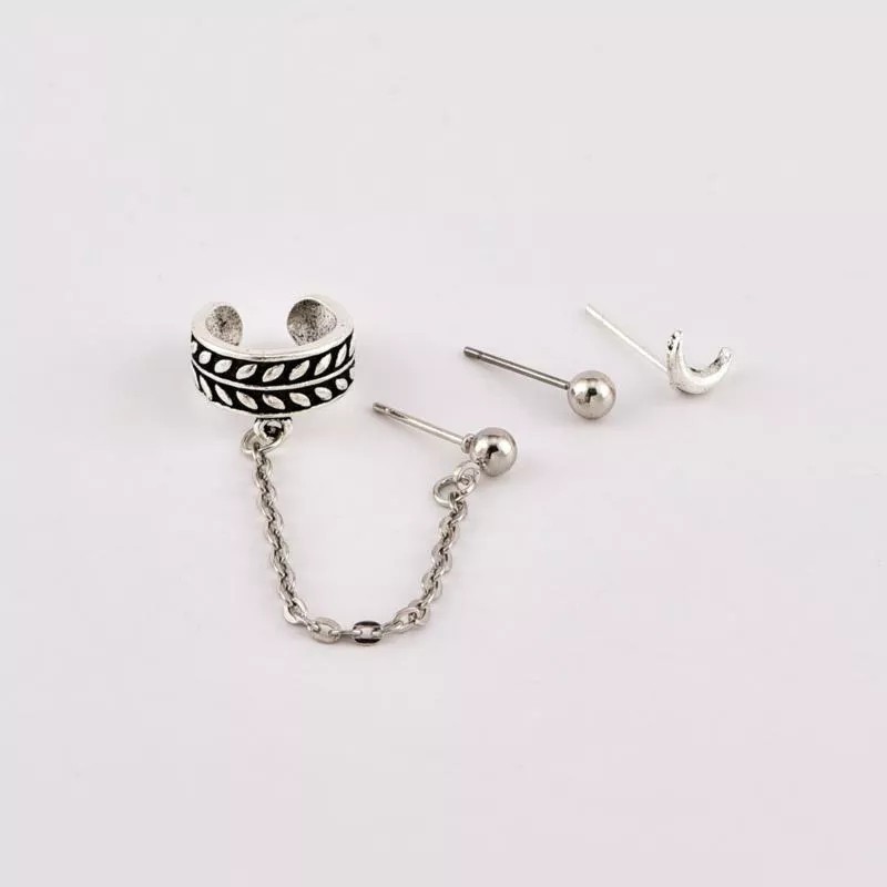 Patry Aretes Juego De 3 Piezas Luna Cadena Joyería Clip