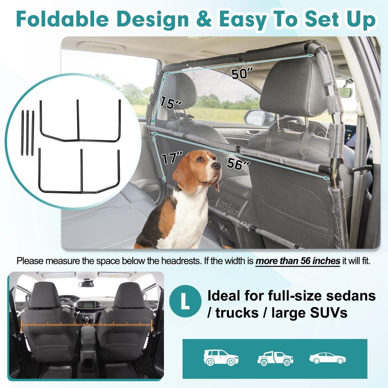 Dog Car Barrier Escape-Proof, 56" Wide Divider for 2nd 3rd