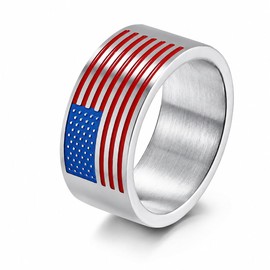 LuvQaze American Flag Ring for Men, Stainless Steel US Flag Band with Red Blue Enamel, Patriotic Military Jewelry Gift for Veterans Day Father's Day, Size 9