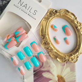 Blue Press on Nails Short | Medium Glossy Nude Fake Nails French Tip False Nails with White Flower Rhinestones Novel Designs Glue on Nails Artificial Acrylic Nails Office Home Square Stick on Nails for Women Girls