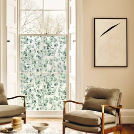 Flortlias Botanical Green Privacy Window Film, Eucalyptus Leaves Window Clings for Bathroom, 35.43 Inch Width