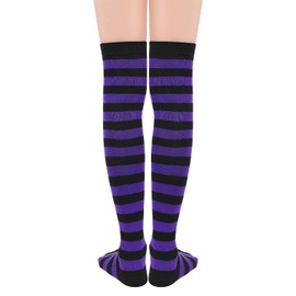 Century Star Women's Casual Athlete Striped Over Knee Thin Thigh High Tights Long Stocking Socks 1 Pair Purple White Stripes