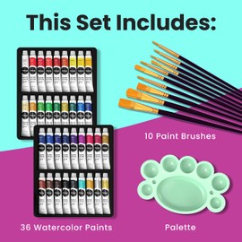 Chalkola Watercolor Paint Kit for Adults - 36 Watercolor Tubes (12ml, 0.4oz), 10 Painting Brushes & 1 Palette - Water Colour Paint Set for Kids, Beginners & Professional Artists | Watercolour Supplies