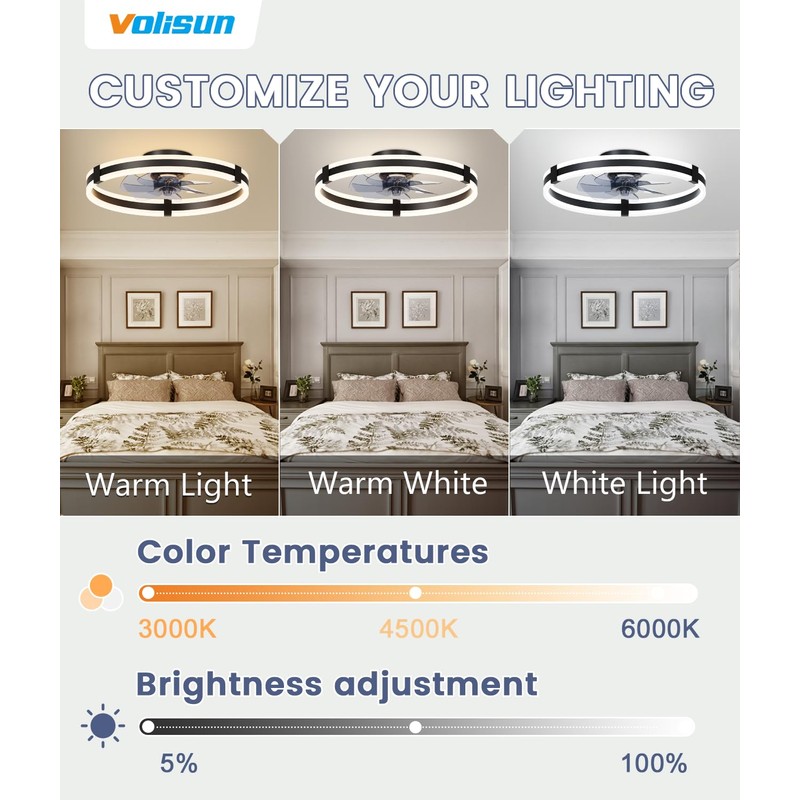 VOLISUN Ceiling Fans with Lights and Remote, 19.7in Low Profile
