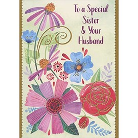 Designer Greetings Purple, Blue and Red Flowers with Gold Foil Accents, Swirls and Borders Easter Card for Sister and Husband (Brother-in-Law)
