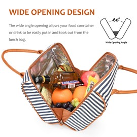 Tirrinia Insulated Lunch Tote Bag for Women w/Leather Handle, Fashionable Lunch Box for Men, Reusable Large Cooler Lunch Bag for Working/Picnic - Gray Stripe