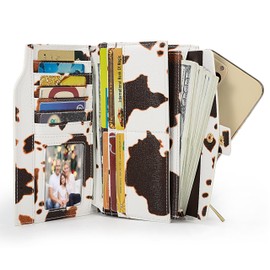 UTO Women's RFID Blocking Wallet Large Capacity Vegan Leather Clutch Wallet 21 Card Slots Holder Organiser Vegan Purse with Wristlet Cream, Cow design., casual