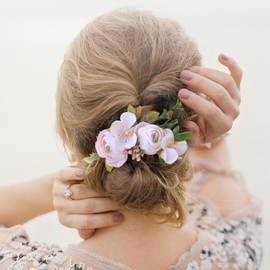 Fangsen Silver Boho Pink Rose Buds Floral Hair Piece Bridal Floral Hair Headpiece Barrette Prom Girl Festival for Flower Girl Brides and Bridesmaids
