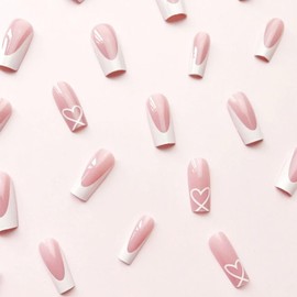 White French Tip Press on Nails Coffin Medium With Heart Design Glue on Glossy Full Cover Cute Acrylic for Women Manicure Kit 24Pcs