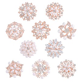 WeimanJewelry Silver/Gold/Rose Gold Plated Assorted Crystal Rhinestones Brooch Pins Set for DIY Wedding Bouquets Kit (Rose gold with pearls 10pcs)