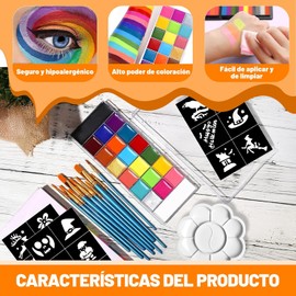 Pintura Facial, Maquillaje Pintacaritas de 20 Colores, Incluye 10 Pinceles, 5 Plantilla, 2 Esponjas y 1 Paleta, Kit de Pintura de Seguro e Inodoro, Ideal para Halloween, Las Fiestas de Disfraces