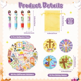 CY2SIDE Jesus Religious Stationery Gift - 12 Pack Christian Bible Stationery Party Gift Include 4-in-1 Ballpoint Pen Sticky Note Sticker and Religious Party Goodie Bag Fillers for Sunday School Reward