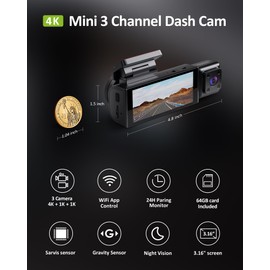 GMAIPOP 4K 3 Channel Dash Cam Front Rear Inside –STARVIS Sensor,5GHz WiFi,64GB Card Included,2160P+1080P+1080P Car Dash Camera, 3.16" IPS Screen, IR Night Vision,HDR,24/7 Parking Mode（Black