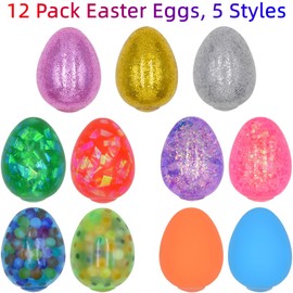 Menzcci 12 Pack Easter Eggs Squeeze Toys Stress Balls Squishy Toys for Kids Boys Girls Easter Egg Hunt Easter Basket Stuffers Egg Fillers Party Favors Gifts