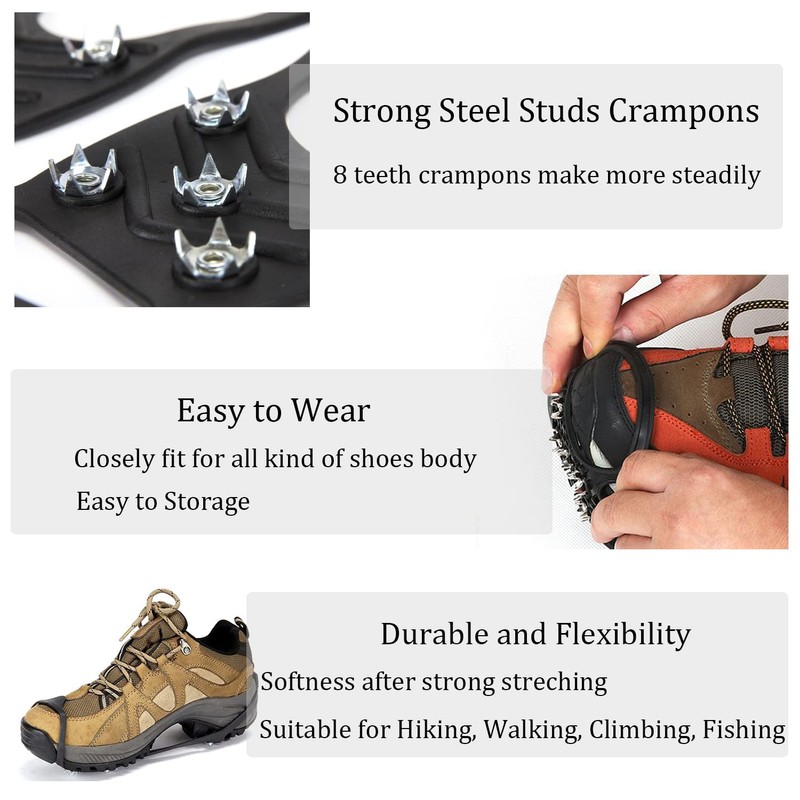 2 Pair Universal Non Slip Ice Gripper Spikes,8 Steel Ice