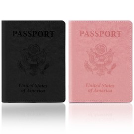 Black and Pink Passport Holder for Travel, 2 PCS Passport Holder, Travel Passport Holders Must Haves for Women Men, Passport Cover Passport Wallet Case Holders for Travels Cruise Ship Essentials Gifts